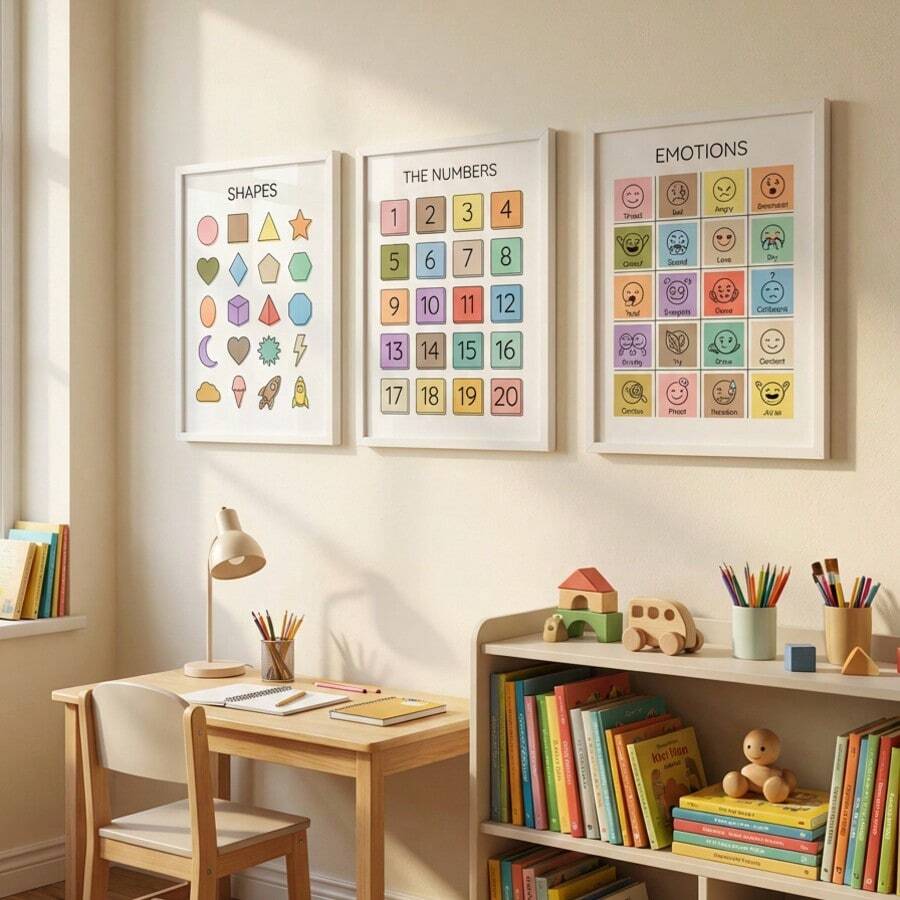 The Early Learner's Essential Trio: Feel, Count, See! 3 Pieces Modern Art For Emotions, Shapes & Numbers. Build Eq & Iq In Playroom, Preschool & Homeschool. - Multicolor - View 1