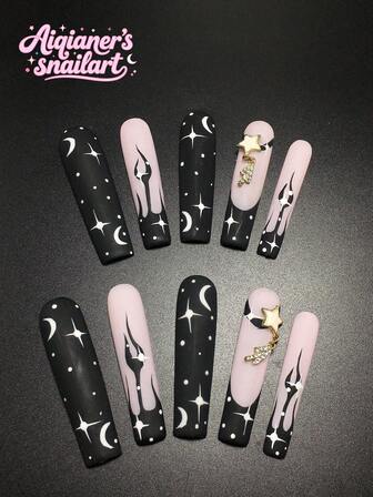 Each Set Consists Of 10 Handmade Acrylic Panels In The Shape Of Y2K Coffins, Designed In French Style With Rhinestones, Stars, And Moon Decorations, Available In Multiple Tones And Nude Colors. 3 Sizes To Fit, Suitable For Christmas, Parties, Dances, And Daily Wear. Comes With A Nail Kit, Making It An Ideal Press On Nails Gift For Ladies And Girls.