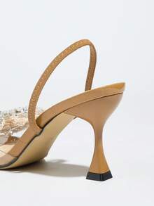 Women's High Heel Shoes, Fashionable And Elegant For Parties, Outdoor Events, And Formal Occasions. Features Include: Stiletto Heel, Round Toe, Sparkling Rhinestones, Oversized Bow Accent, PVC Transparent Glass-Like Material, Textured Stone-Like Pattern, Ankle Strap, Versatile And Suitable For Dresses. Available In Camel Color. - Camel - View 5