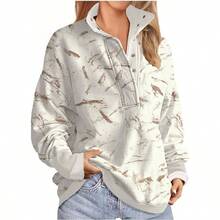 - Sudaderas de gran tamao para mujer, sin capucha, cuello falso, forro polar, manga larga, botones, sudadera tipo tnica - Beige + CH - Ver 1