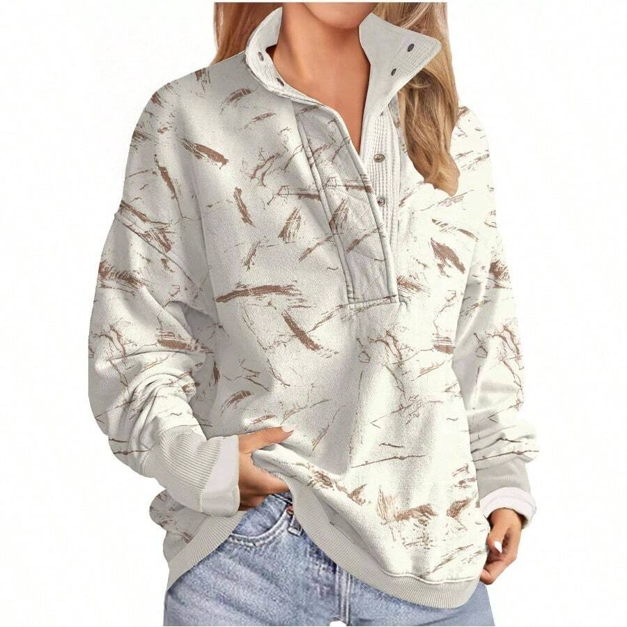 - Sudaderas de gran tamao para mujer, sin capucha, cuello falso, forro polar, manga larga, botones, sudadera tipo tnica - Beige + CH - Ver 1