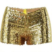 Pantalones cortos de rendimiento para mujer, con lentejuelas brillantes, cintura elstica para espectculos de baile, fiestas y eventos temticos, Dorado, Small - inicial - Ver 4