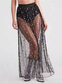 性感透视波点A字连衣裙，侧开衩流苏细节 - 女士夜店派对礼服，高腰设计，适合春、夏、秋季，修身剪裁 - 彩色 - 查看 5