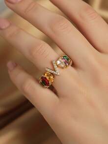 A Novel, Fashionable And Simple Copper Ring, Set With Zirconia Gemstones, Is Specially Designed For Women. It Contains All 26 Letters From A To Z And Is Suitable For Women To Wear Daily. Its Style Is Fashionable And Simple. This Is A Stretchable Opening Ring Accessory. - Multicolor - View 3