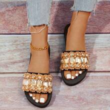 Women'S Flat Sandals Open Toe Slip On Sandals Summer Dressy Flat Fashion Slippers, Luxury Rhinestones Beaded Flip Flops - Gold - View 2