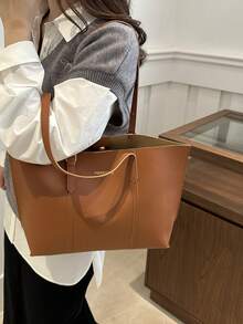 2pcs Women Brown Quilted Lining Shoulder Tote Bag, Fashion Large Capacity Combination Handbag With Snap Closure, Casual Street Style For Photography, Daily Commute - Brown - View 4