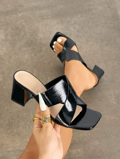 Women's Casual Criss-Cross Wide Strap Open-Toe Mule Shoes, Elegant Mysterious Glossy Embossed Texture High Heel Sandals, Fashion Unique Square Toe Chunky Heel Comfortable Shoes For Night Club, Party, Stage, Outdoor, Campus, Travel, Suitable For Valentine's Day, Mother's Day, Women's Day, Thanksgiving, Christmas, New Year