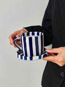 1 Juego de taza y platillo de cerámica a rayas azul y blanco, juego de café/té de color de contraste retro, juego de té de la mañana/tarde con amigos, decoración de apartamento, regalo para compañeros de trabajo - Multicolor - Ver 5