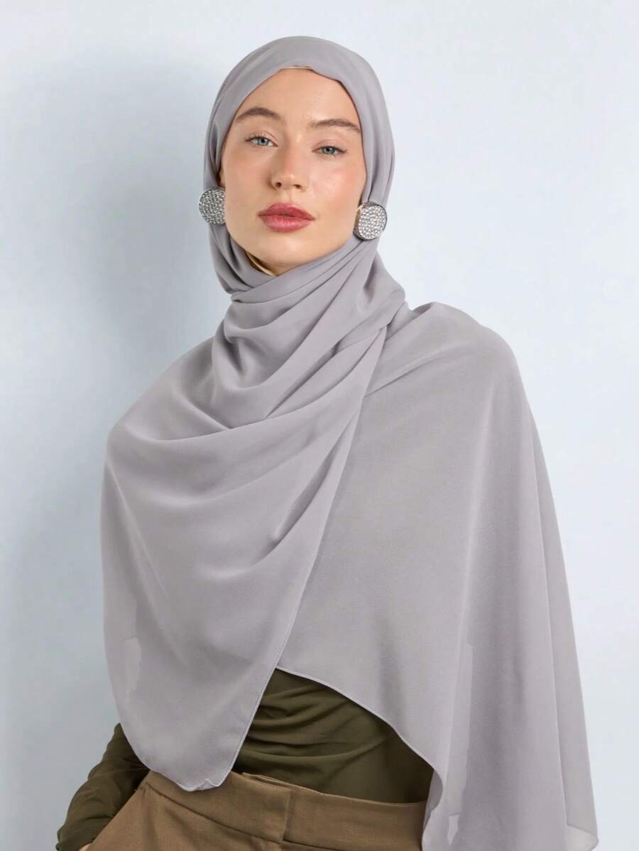 1条纯色女士围巾，雪纺头巾，适合日常休闲穿着 - 淺灰色 - 查看 1