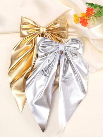 2 PCS Hair Bows Elegant Bowknot Spring Clip Golden And Silver Long Ribbon Bow Hair Clip, Hair Ribbons Suitable For Daily Or Valentine's Day Date, School Stuff, College, Bows, Cute, Hair Accerssories, Claw Clips, Hair Slide, Hair Barrettes