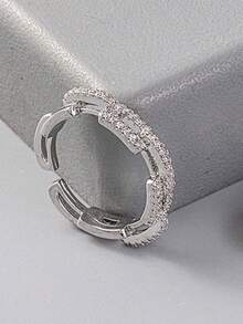 1枚水钻链环，奢华几何方形戒指，锆石交错设计，女士珠宝 - 銀色 - 查看 2