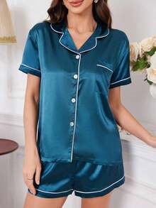 Contrast Piping Satin PJ Set / Pajama Set - 綠色 3 - 查看 5