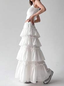 Elegant Women's White Layered Solid Color Skirt, Suitable For Spring And Summer - White - View 4