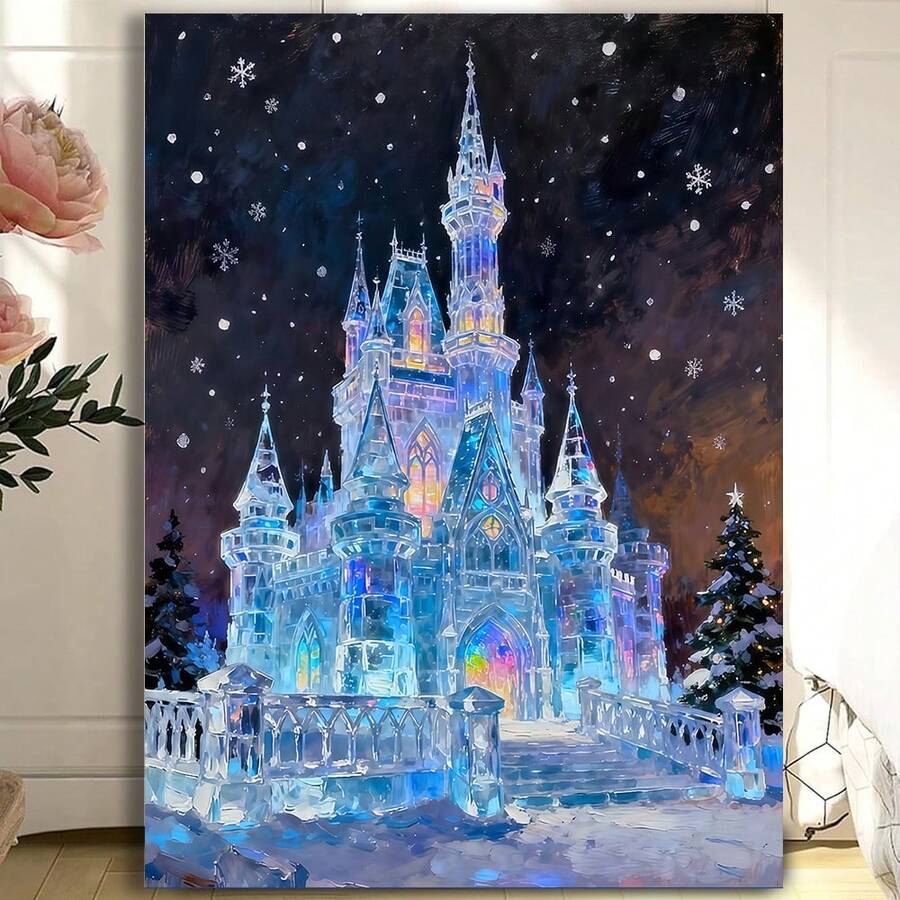 Framed 1PC Vintage Ice Castle Wall Art, Rustic Winter Palace Print, Frozen Christmas Decor, Holiday Fantasy Scene, Snowy Landscape Wall Art For Farmhouse Living Room - 框架 - 查看 1