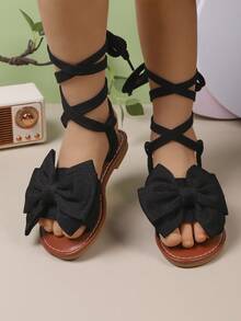 1 Pair Fashion Summer New Slim Lace-Up Big Bow Girls Flat Sandals, Suitable For 3-15 Years Old Children For Outdoor Vacation, Beach Travel And Leisure, Princess-Like - Black - View 2