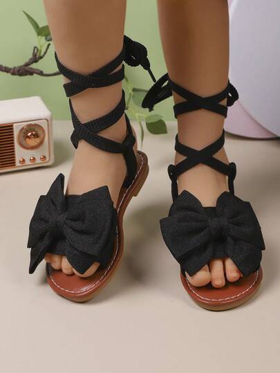 1 Pair Fashion Summer New Slim Lace-Up Big Bow Girls Flat Sandals, Suitable For 3-15 Years Old Children For Outdoor Vacation, Beach Travel And Leisure, Princess-Like