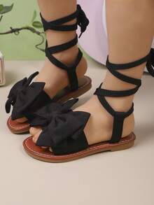1 Pair Fashion Summer New Slim Lace-Up Big Bow Girls Flat Sandals, Suitable For 3-15 Years Old Children For Outdoor Vacation, Beach Travel And Leisure, Princess-Like - Black - View 8