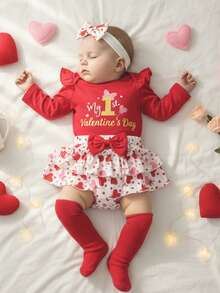 Conjunto de San Valentín para niña: mono con papas fritas antes que chicos, falda con papas fritas, diadema y calentadores de piernas, ropa de primavera - Rojo - Ver 1