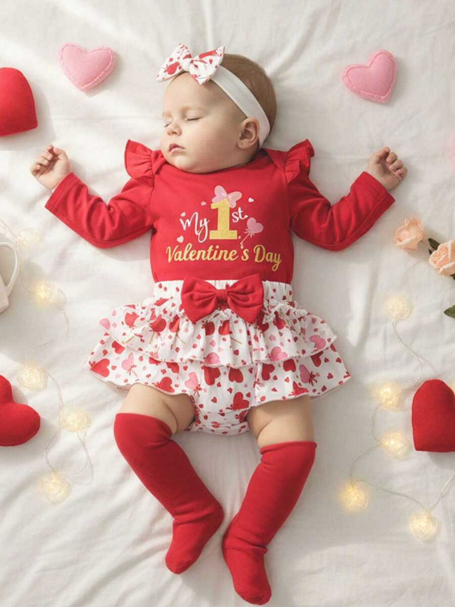 Conjunto de San Valentín para niña: mono con papas fritas antes que chicos, falda con papas fritas, diadema y calentadores de piernas, ropa de primavera - Rojo - Ver 1