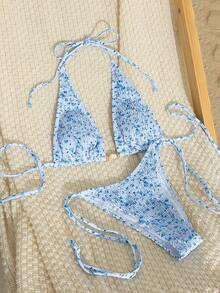 Women's Summer Beach Blue 2-Piece Bikini Set, Spaghetti Strap Triangle Top And Side Tie Bottoms, Sexy & Charming Swimwear, Suitable For Women, Vacation, Pool Party, Fashion Swimsuit - Blue - View 8