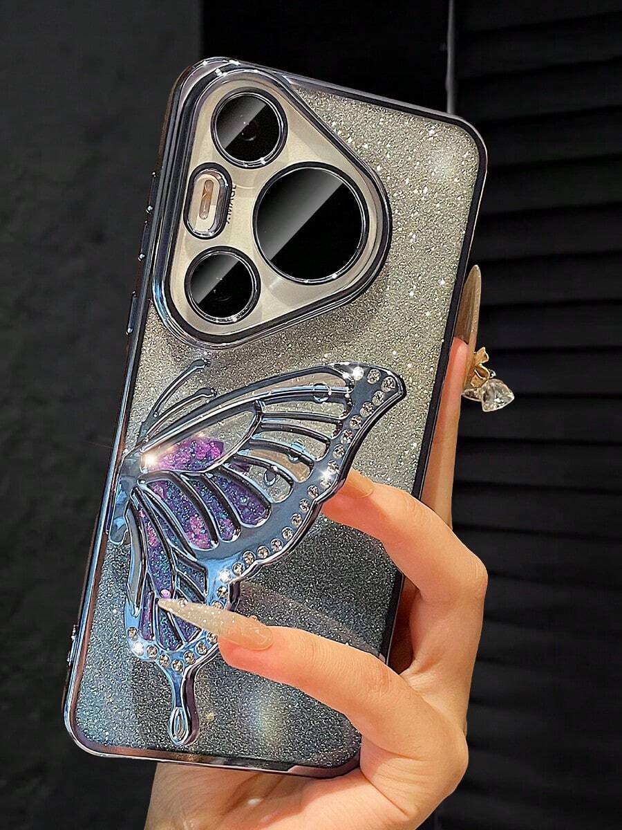 MewTrek Luxury Electroplated Blue Phone Case With Butterfly Liquid Stand, Rhinestone Glitter Style, Summer New Fashion Silicone Shockproof Protective Soft Shell, Compatible With Samsung Galaxy, Honor, Reno, MOTO,