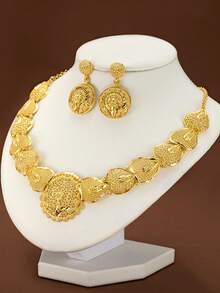 Bộ 3 món sang trọng, tinh tế hình trái tim và hoa hướng dương mạ vàng 18k, gồm dây chuyền và bông tai, thích hợp cho phụ nữ và bé gái dự tiệc cưới hoặc đeo hàng ngày. - Vàng - Xem 1