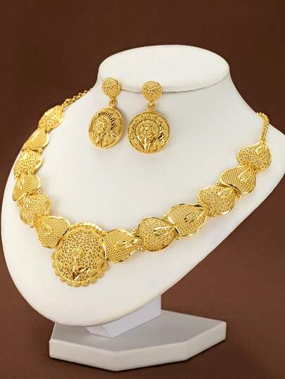 3Pcs Luxury Exquisite Beautifully Heart-S`Haped Sunflower Sun Disc Plated 18k Gold Necklace Earrings Sets, Suitable For Women Girls Wedding Party Daily's Wear