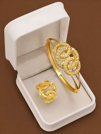 2Pcs Set Interlocking Circular Hollowed-Out Bracelet And Ring With A Diameter Of 60mm That Can Be Opened, Suitable For Women's Daily Wear, Excluding Box