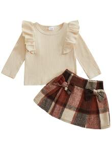 Infant Girls' Ruffled Sleeve Knit Top + Retro Plaid Woolen Skirt 2-Piece Set, Toddler Princess Style Long Sleeve T-Shirt + Bow A-Line Skirt Outfit, 0-4 Years, Korean Sweet Casual Wear - Black - View 3