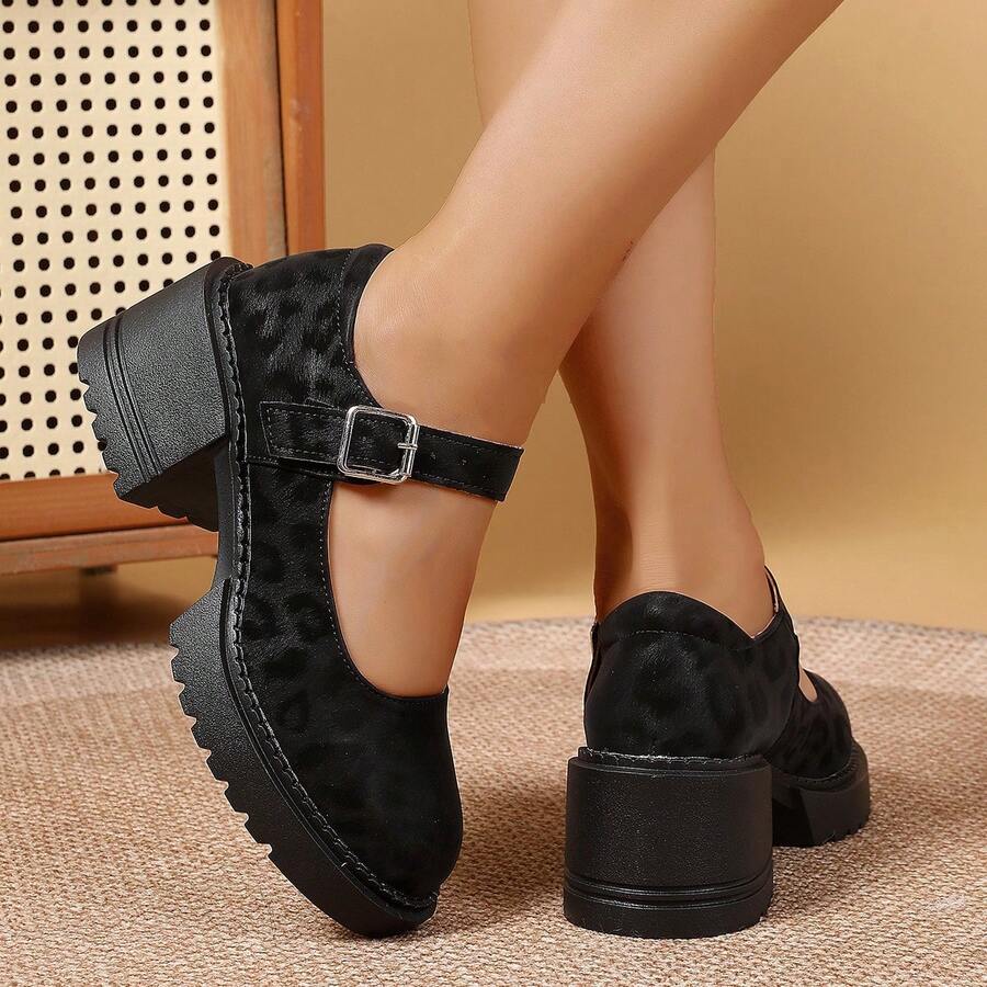 Neue britische Stil Damen Komfortable Einfarbig & Leopardenmuster Schnallen Dicke High Heel Kniehohe Stiefel - Dicker Absatz, Stofffutter *Botines* Elegante Damenstiefel *Leopardenmuster Sexy Damenstiefel & Dicker Absatz Mary Jane Leopardenmuster Damenschuhe - Schwarz - Übersicht 1