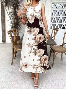 Robe longue d'été pour femme, robe élégante à imprimé floral sans manches avec deux poches pour les vacances - Blanc - Voir 1