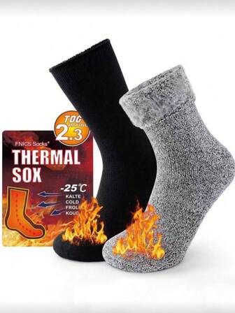 2/4 Pairs Men's Warm Thick Mid-Calf Socks, Soft & Comfortable, Suitable For Cold Weather And Winter Hiking Boots, Black & Grey