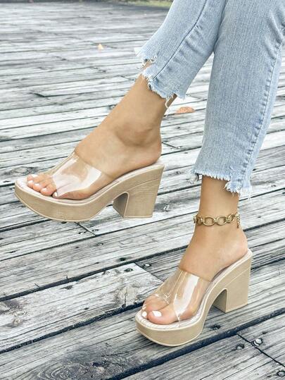 Teen Girls' Transparent Chunky Heel Sandals - Beige Platform Thick Sole Open Toe Slide Sandals, Summer Casual Fashion Footwear For Youth