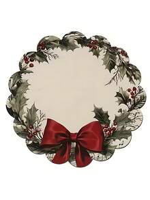 6个/4个/1个圣诞派对装饰圆形餐垫 - 音符、红色蝴蝶结和花环图案，15英寸亚麻材质，防滑、耐热、可机洗，节日派对装饰圆形餐垫，直径15英寸，派对厨房餐厅装饰，圣诞餐桌装饰，适用于派对、厨房、餐厅、圣诞装饰、派对礼品、节日装饰 - 彩色 - 查看 2