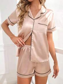 Contrast Piping Satin PJ Set / Pajama Set - 香檳色 - 查看 3