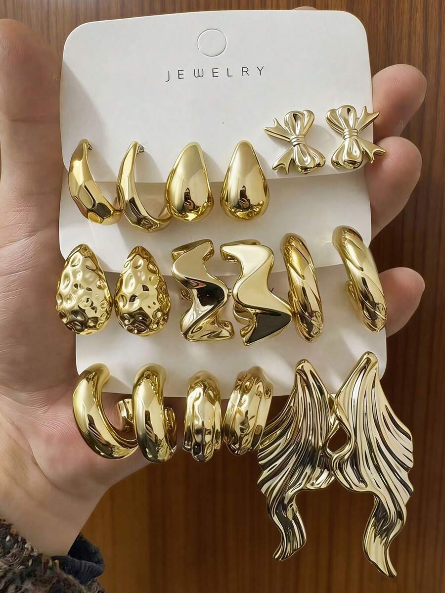 Bộ 6-18 bông tai thời trang mạ vàng, kiểu dáng thanh lịch, phù hợp để đeo hàng ngày, dự tiệc và các dịp đặc biệt. - Vàng - Xem 1