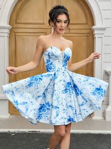 YUMIBRAVO Blue And White Porcelain Print Dresses For Women, Strapless Christmas Party Dress, Party Dresses For Women Satin Ball Gown For Woman Short Prom Dress Graduation Dress Formal Dress Elegant Birthday Dress - 藍白色 - 查看 2