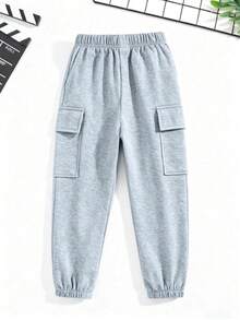 1 Stück Jungen/Teenager Einfarbige Lässige Outdoor Sport Kordelzug Multi-Taschen Fleece Cargohose