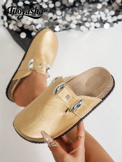 New Fashion Metal Buckle Decor Slip-On Sandals, Thick Comfortable Soft Cork Sole, Platform Wedge Slides, Closed Toe Casual Slippers Suitable For Outdoor, Commuting, Leisure, Daily Wear
