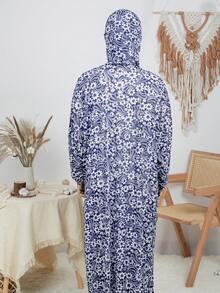 Women's Elegant Hooded Long Sleeve Black Floral Prayer Dress With Ruffle Neck And Long Length In Slight Stretch Woven Fabric