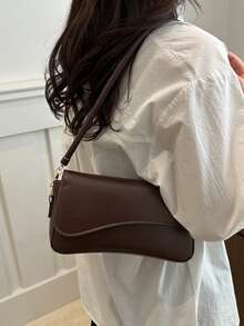 2025 Fashionable Solid Color Asymmetrical Flap Vintage Minimalist Elegant Shoulder Bag - Brown - View 3
