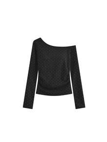 女士露肩长袖T恤，美式设计，修身叠穿上衣，秋季款 - 黑色 - 查看 5