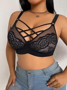 Plus Size Women Lace Wireless Bra, Breathable Non-Slip Front Closure Lift & Support, Adjustable Straps, Seamless Everyday Wear - Black - View 3