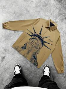 Áo khoác nam phong cách đường phố in hình tượng Nữ thần Tự do, kiểu dáng thường ngày, có khóa kéo, họa tiết chân dung khắp áo, thích hợp mặc ngoài vào mùa xuân thu, tay dài, phù hợp cho mặc hàng ngày, đi chơi, đi học, tụ họp bạn bè. Có thể dùng làm quà tặng cho bạn trai và bạn bè. - màu nâu - Xem 11