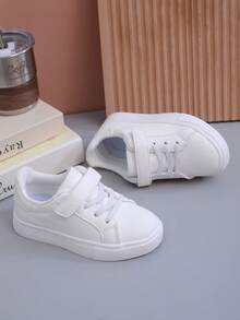 1 Pair White Printed Cute Pattern PU Material Hook & Loop Baby Sneakers, Fashionable Comfortable Non-Slip Wear-Resistant Lightweight Stylish Toddler Walking Shoes, Lasted Construction, Stable Foot Support, Suitable For Daily Wear - White - View 5