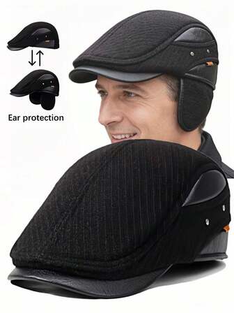 1 st. herrhatt med förtjockad, högkvalitativ enfärgad hörselskyddande visir, baskerhatt, lämplig för daglig pendling, utomhusaktiviteter, dejter och presenter
