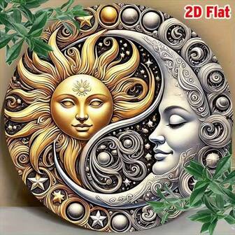 2D Flat, 1pc Vintage Sun And Moon Celestial Art Metal Sign - 8"X8" Rust-Resistant Wall Decor, Vibrant Two-Tone Design, Perfect For Home, Bar, Cafe, Garden Gate Or Gift, Astronomy Wall Plaque | Durable Metal Decoration, Moon Decor, 2D Flat, Ideal Room Decor, Random Hole Placement