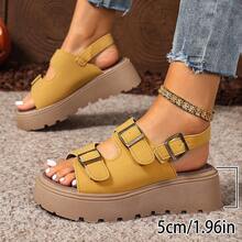 女士时尚简约露趾厚底凉鞋，带魔术贴装饰