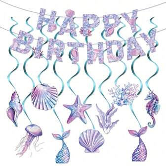 1 set Decoraciones de cumpleaños de sirena morada, Decoraciones de fiesta de sirena, Suministros de fiesta de sirena bajo el mar, Pancarta de cumpleaños de sirena y remolino colgante de sirena para decoraciones de fiesta de cumpleaños