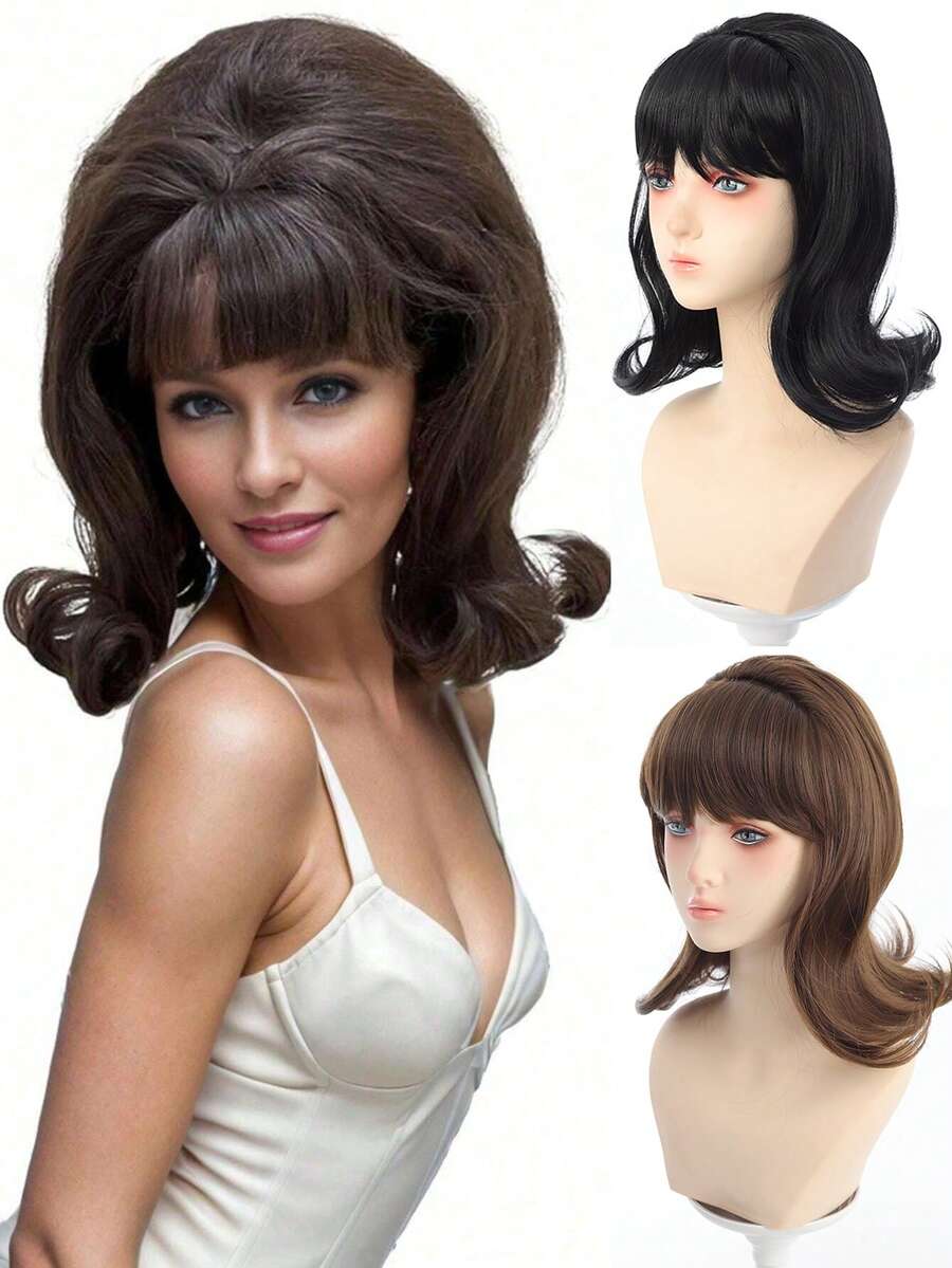 One Black Or Cool Brown Retro Wavy Bob Wig With Bangs, Made Of 12 Inches Of Heat-Resistant Synthetic Fiber, Featuring A 60s/70s Retro Beehive Style. An Elegant And Fashionable Wig Suitable For Everyday Wear Or Parties. - Multicolor - View 1